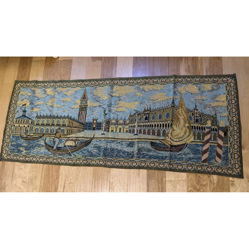 Vintage Venice Italy Gondola Woven Tapestry Rug Runner 70x27 Italian Decor